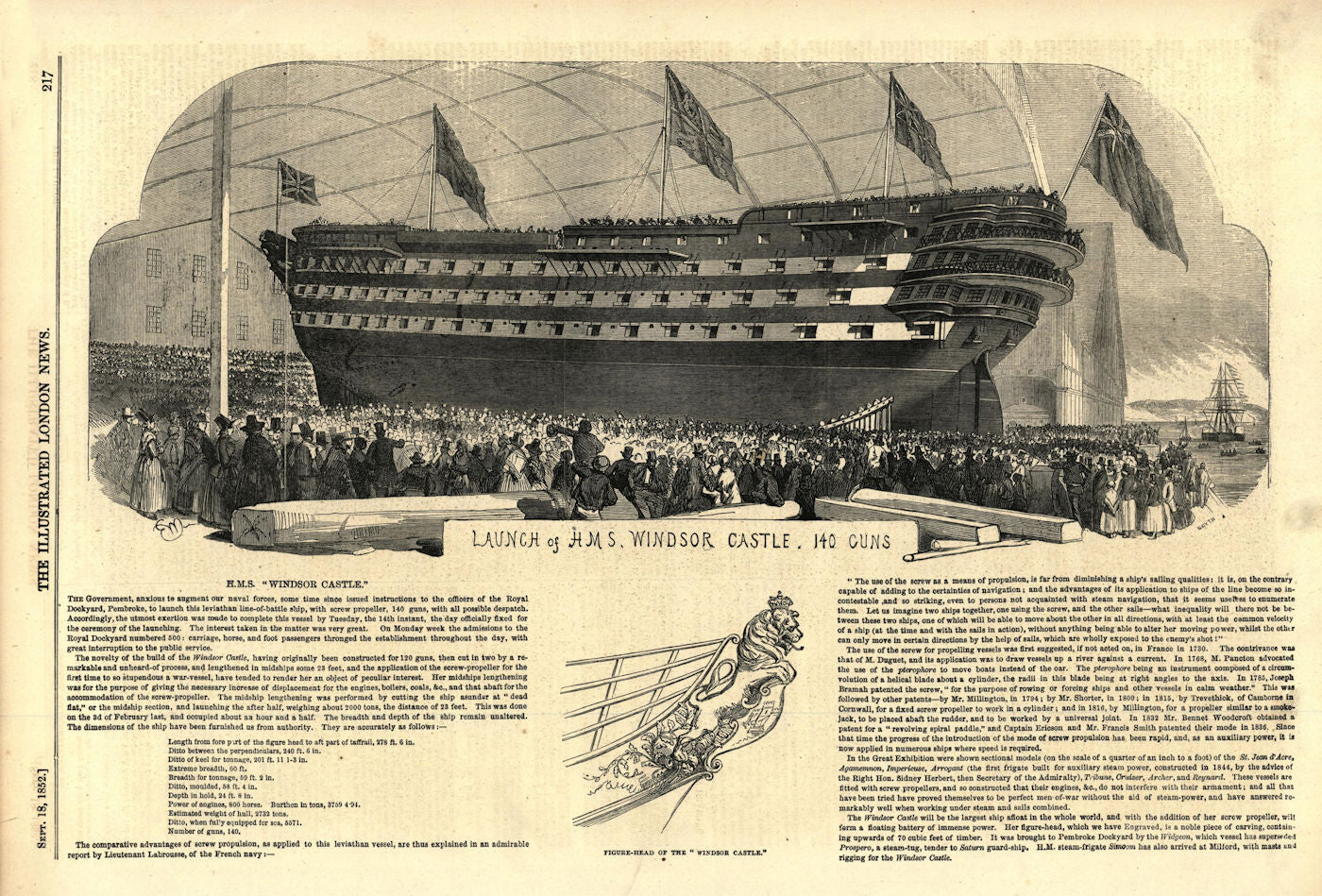 Launch of H. M. S. Windsor Castle, 140 Guns. Royal Navy. Ships 1852 old print